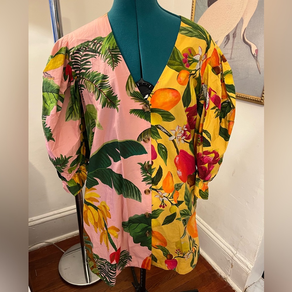 FARM RIO Mixed Prints Puff Sleeves Chemise Dress Button Front Tropical Medium